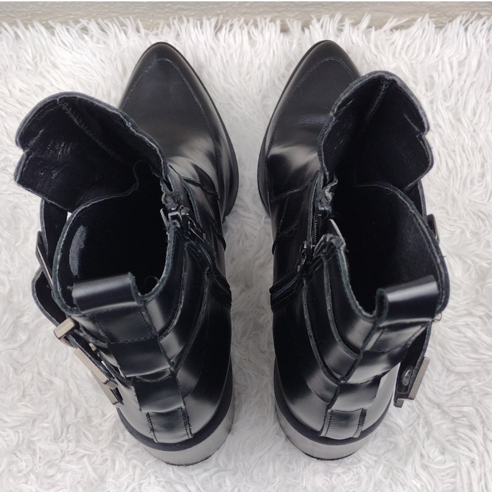 Zara Trafaluc Black Leather Two Buckle Pointed-Toe Blocked Heel Moto Ankle Boot - Picture 7 of 13